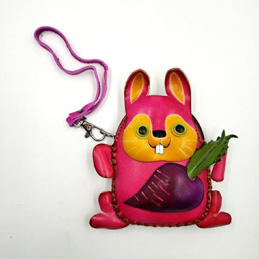 Pink Bunny Rabbit Coin Purse Cute Handmade Leather Small Wallet Kawaii Zip Pouch - Picture 9 of 14